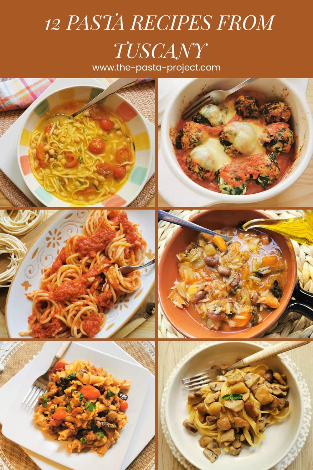 Photo collage with text for Pinterest of pasta recipes from Tuscany.