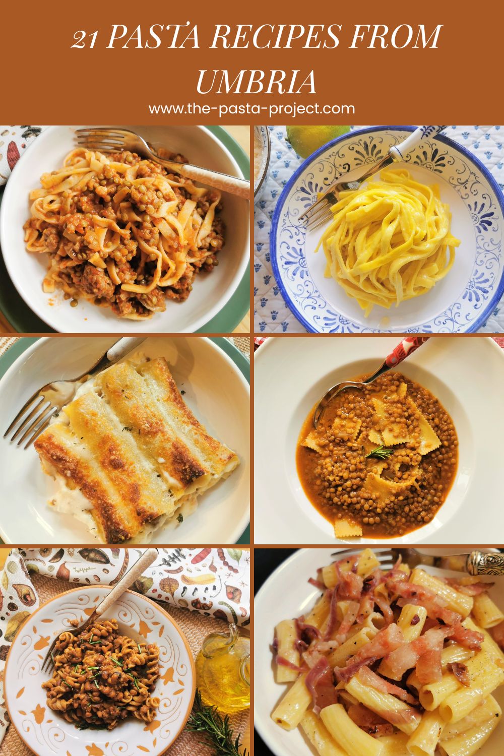 Verticle photo collage with text for Pinterest of 12 pasta recipes from Umbria.