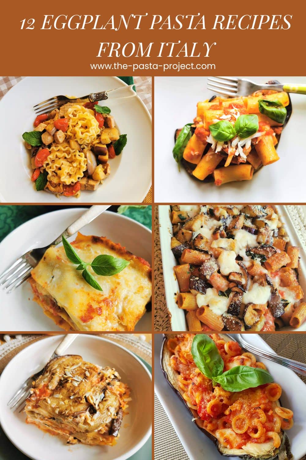 Verticle collage for Pinterest of photos of 12 Italian eggplant pasta recipes.