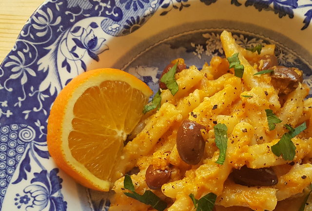 casarecce pasta with pumpkin and orange pesto