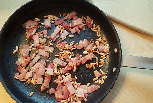 baked passatelli with pancetta and pine nuts 