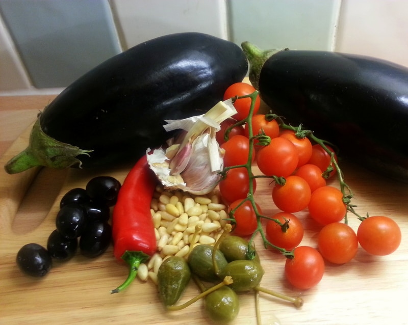 Ingredients penne with aubergines and pine nuts