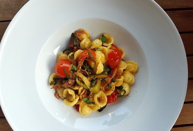 Orecchiette pasta with zucchini and speck