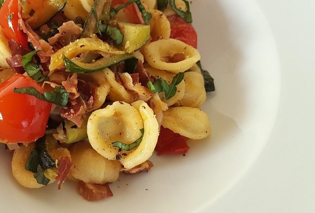 Orecchiette pasta with zucchini and speck