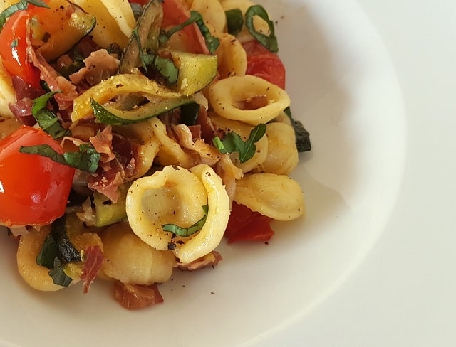 Orecchiette pasta with zucchini and speck