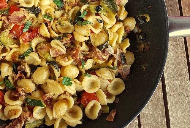 Orecchiette pasta with zucchini and speck