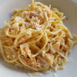 Fusilli pasta with black olive pesto and tuna.