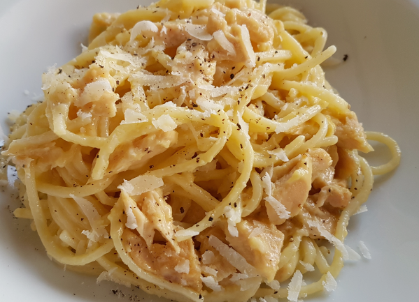 alla chitarra pasta with tuna carbonara