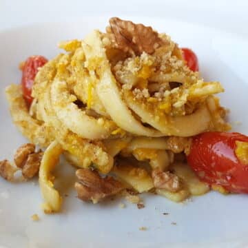 Scialatielli pasta with yellow peppers, tomatoes & walnuts