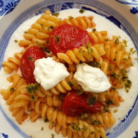 fusilli pasta with tomatoes, basil & burrata cream