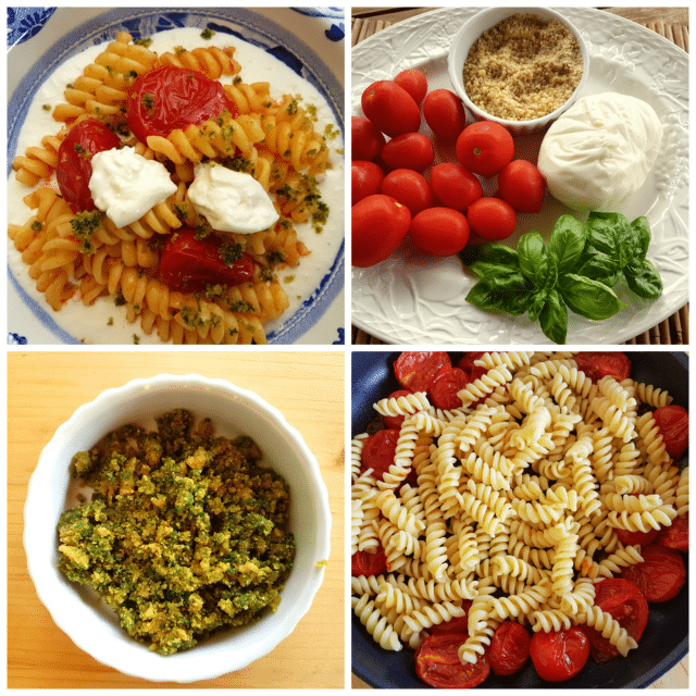 fusilli pasta with tomatoes, basil & burrata