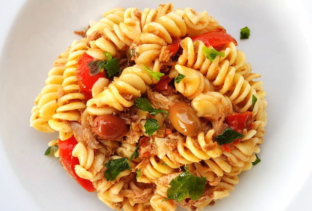 fusilli pasta with canned tuna and black olive pesto