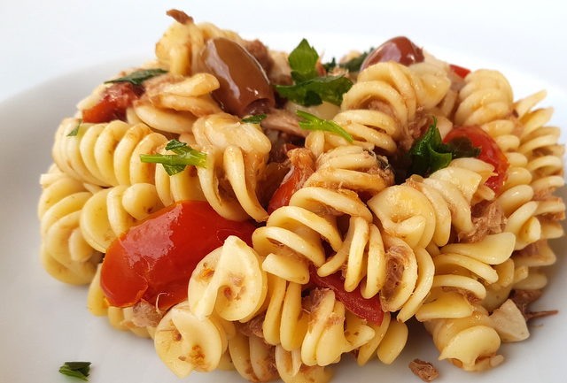 fusilli pasta with black olive pesto