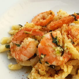 Busiate pasta with bottarga and prawns