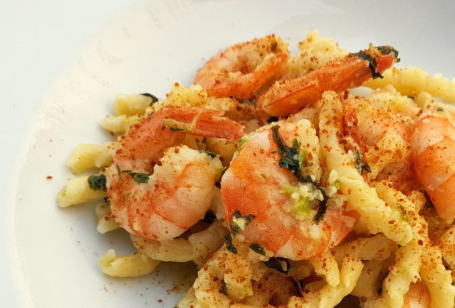 Busiate pasta with bottarga and prawns