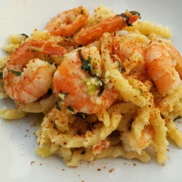 Seafood pasta recipes Busiate pasta with almonds bottarga and prawns