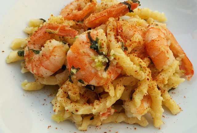 Busiate pasta with bottarga and prawns