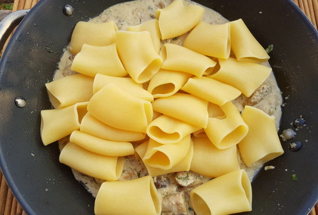 Paccheri with porcini, speck and pistachio