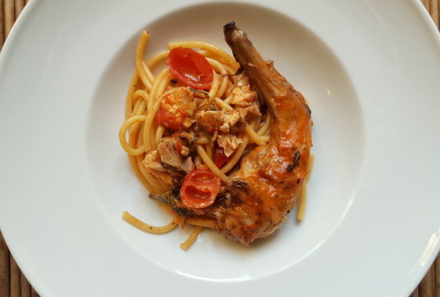 Bucatini pasta with rabbit Ischia 