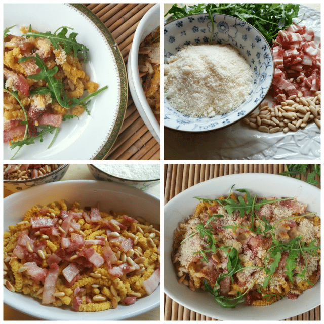 baked passatelli with pancetta and pine nuts 