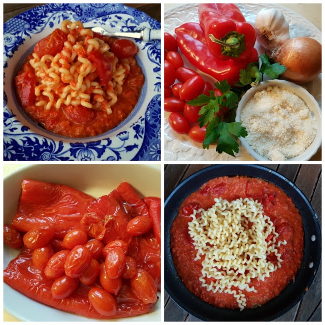 long fusilli with roasted red pepper sauce
