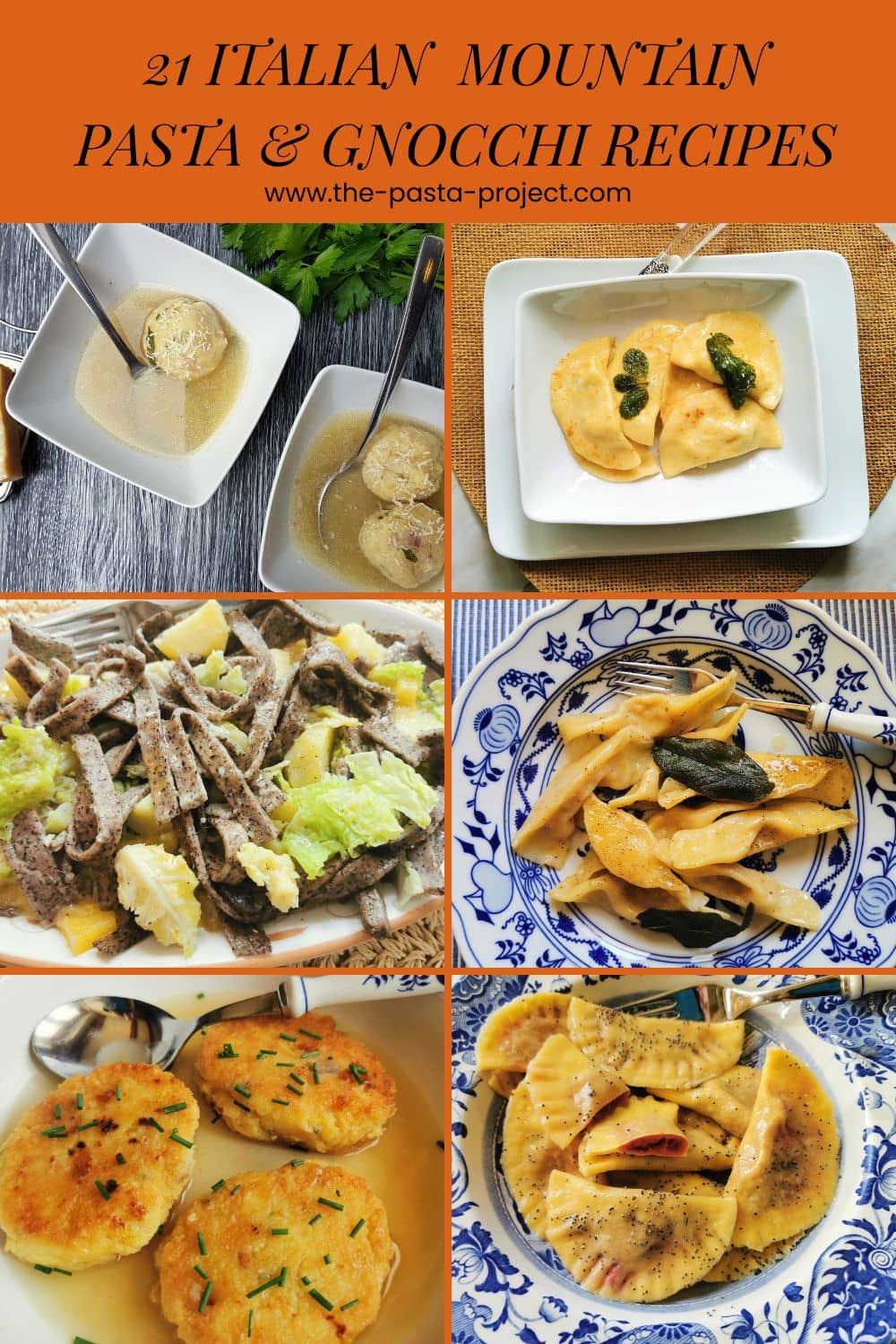 Pinterest verticle collage of some Italian mountain pasta and gnocchi dishes.