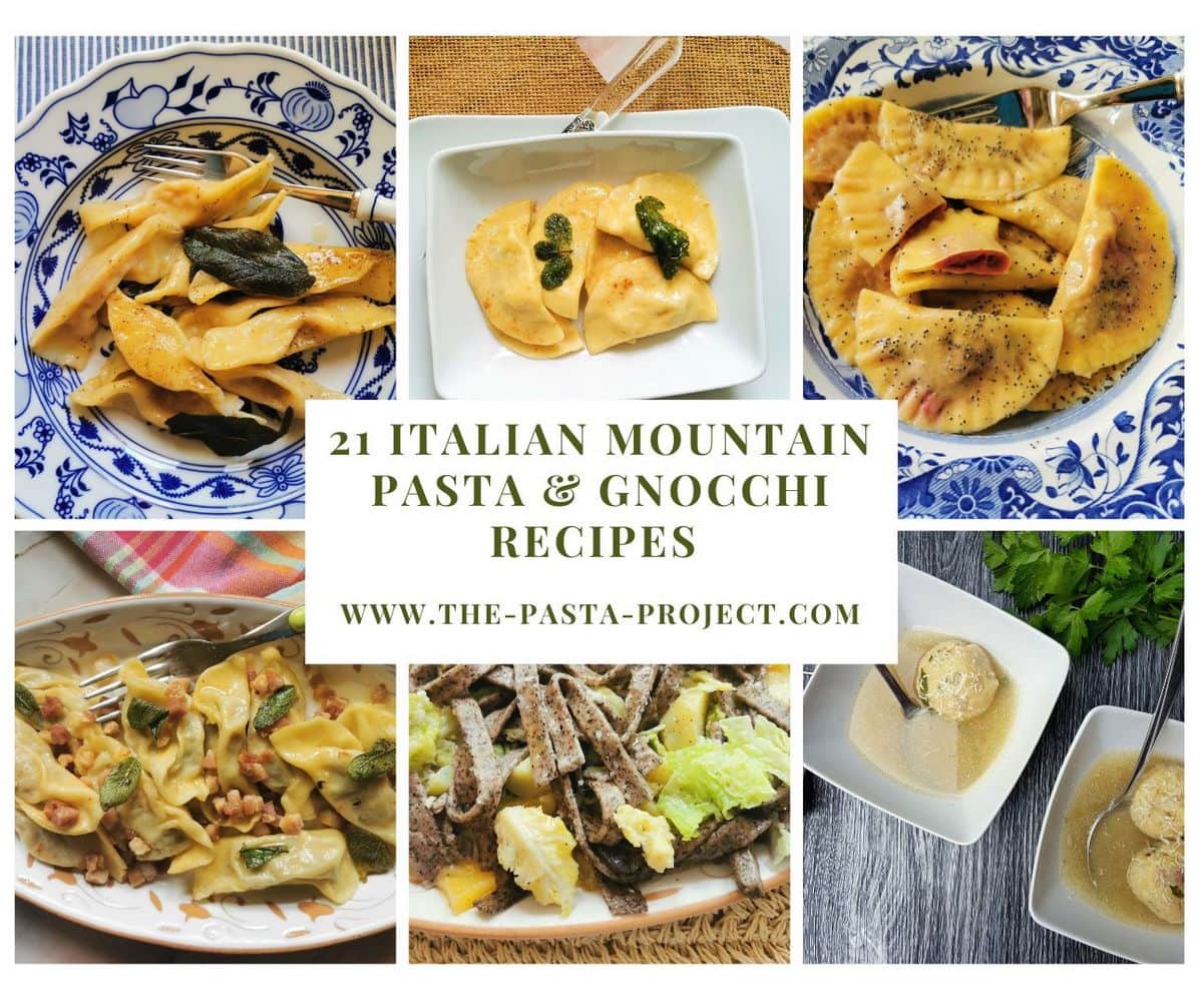 Photo collage of Italian mountain pasta and gnocchi recipes.