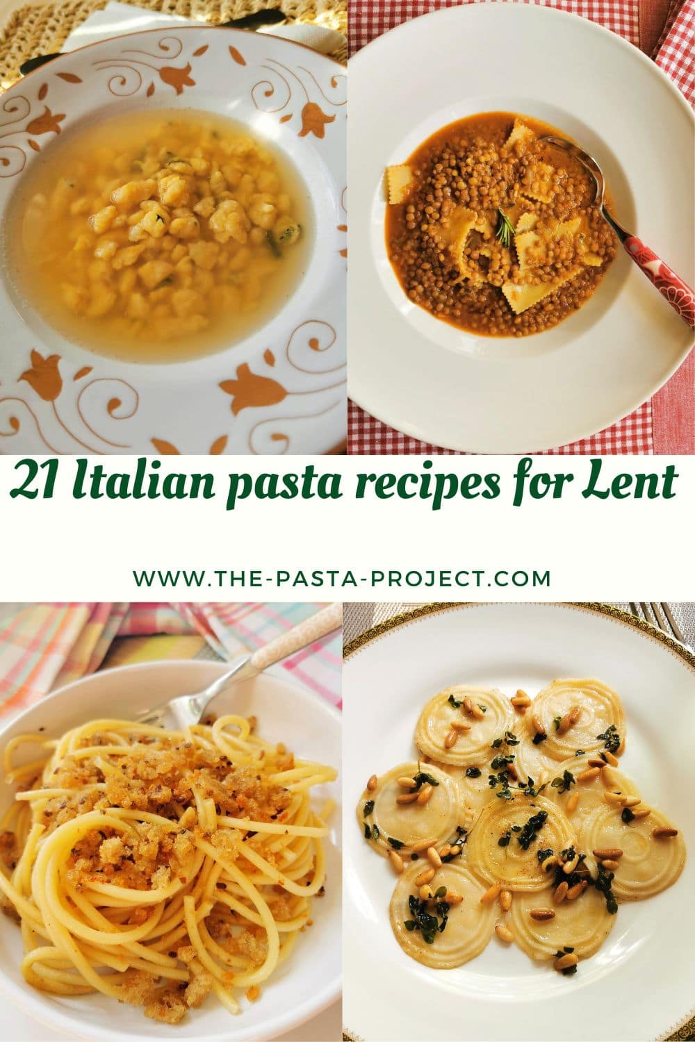 Collage of photos of Italian pasta recipes for Lent.