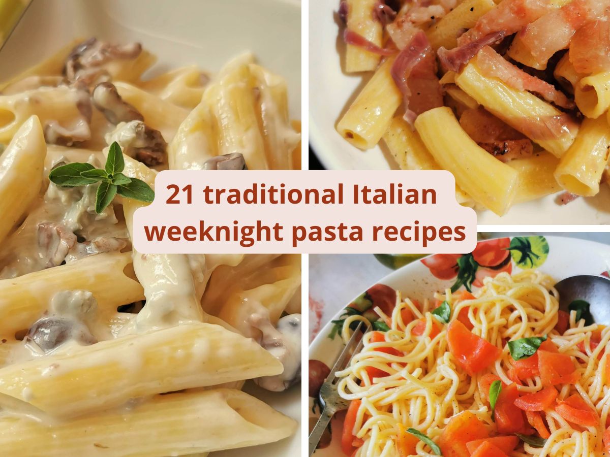 Collage of 3 pasta photos with title '21 traditional Italian weeknight pasta recipes'.