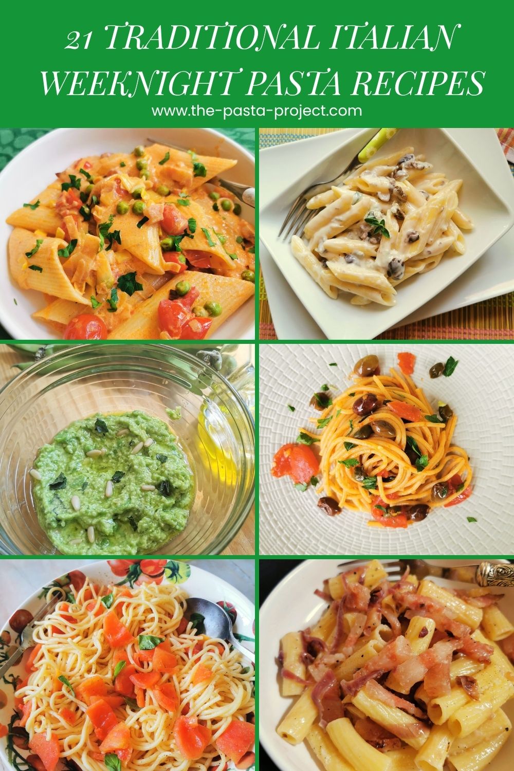 Collage of 6 photos of weeknight pasta recipes with text for Pinterest.