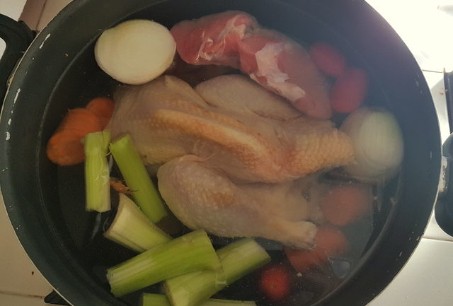 Ingredients for broth in pot for Baked Lasagne in Broth alla Molisana 