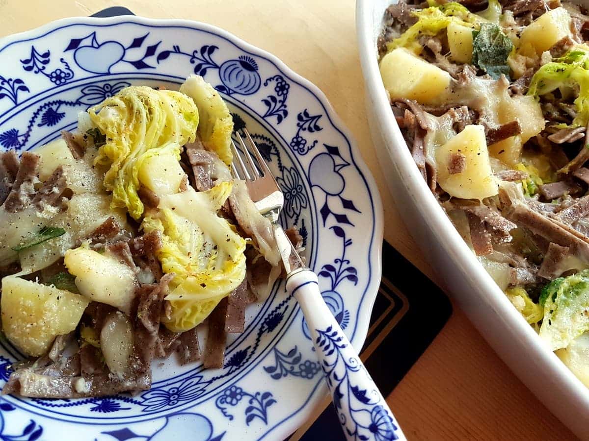 Baked pizzoccheri alla Valtellinese with buckwheat pasta.