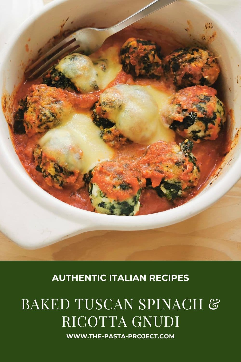 Verticle image of baked Tuscan gnudi with text overlay for Pinterest.