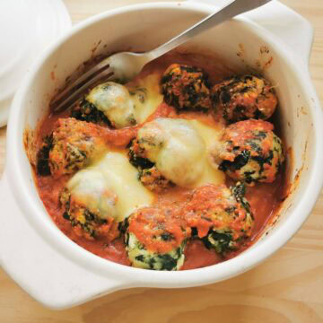 Baked Tuscan spinach and ricotta gnudi.
