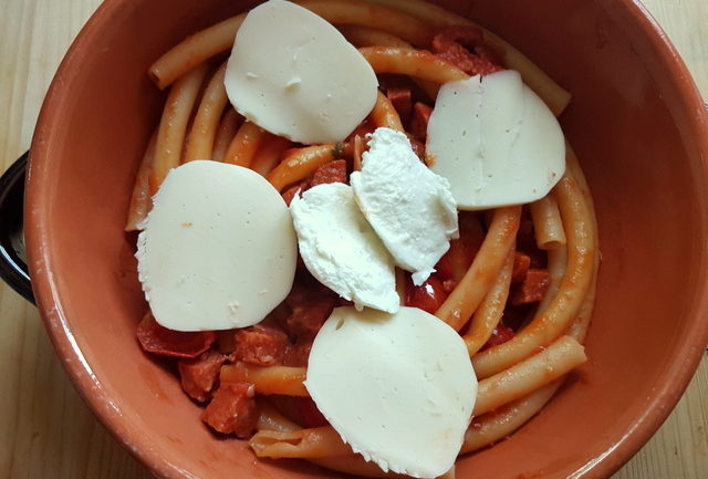 Baked Ziti or Zitoni pasta with spicy sausage