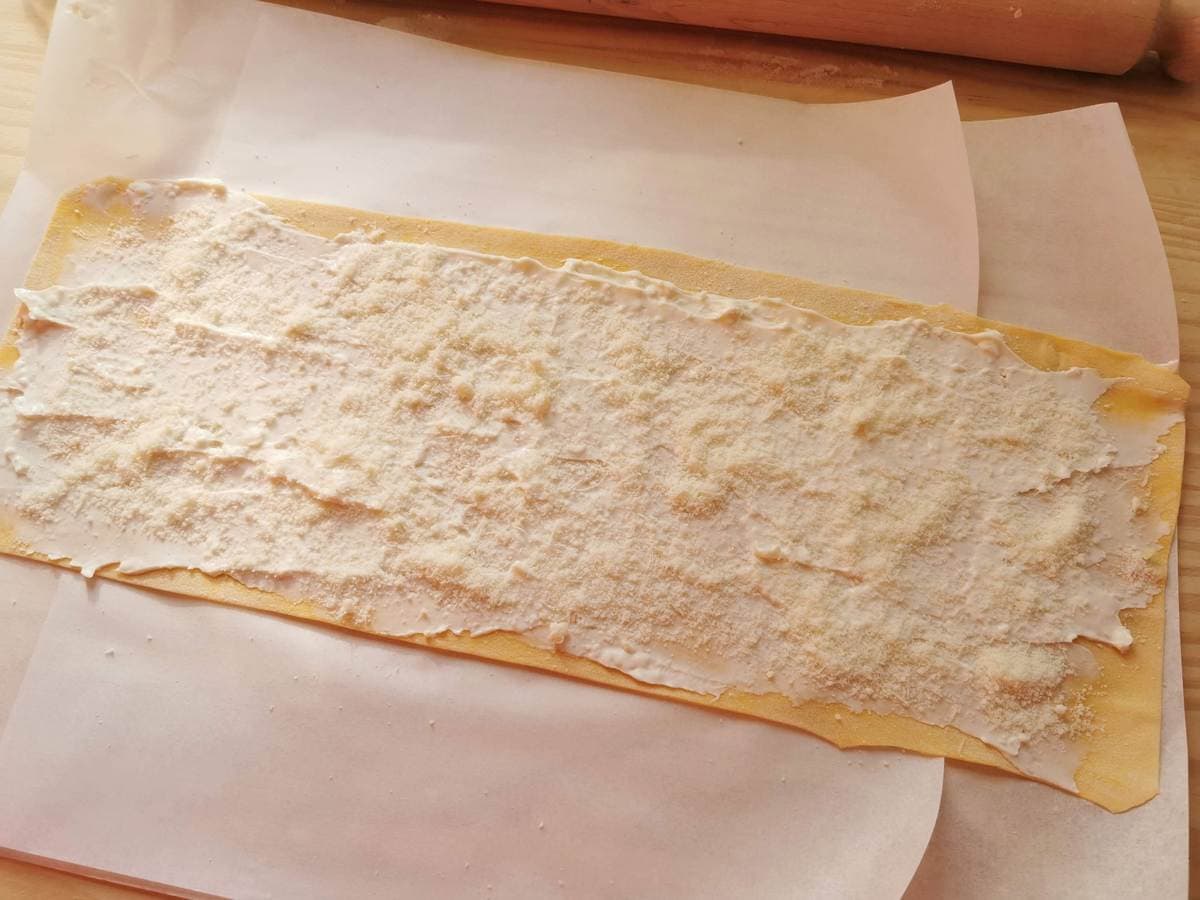 Homemade pasta sheet covered in stracchino cheese and then sprinkled with parmigiano.