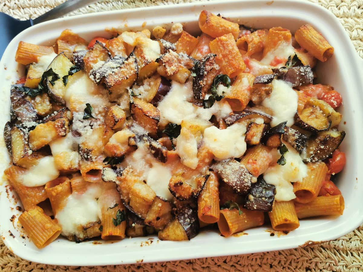 Baked whole wheat pasta with eggplant alla Siciliana.