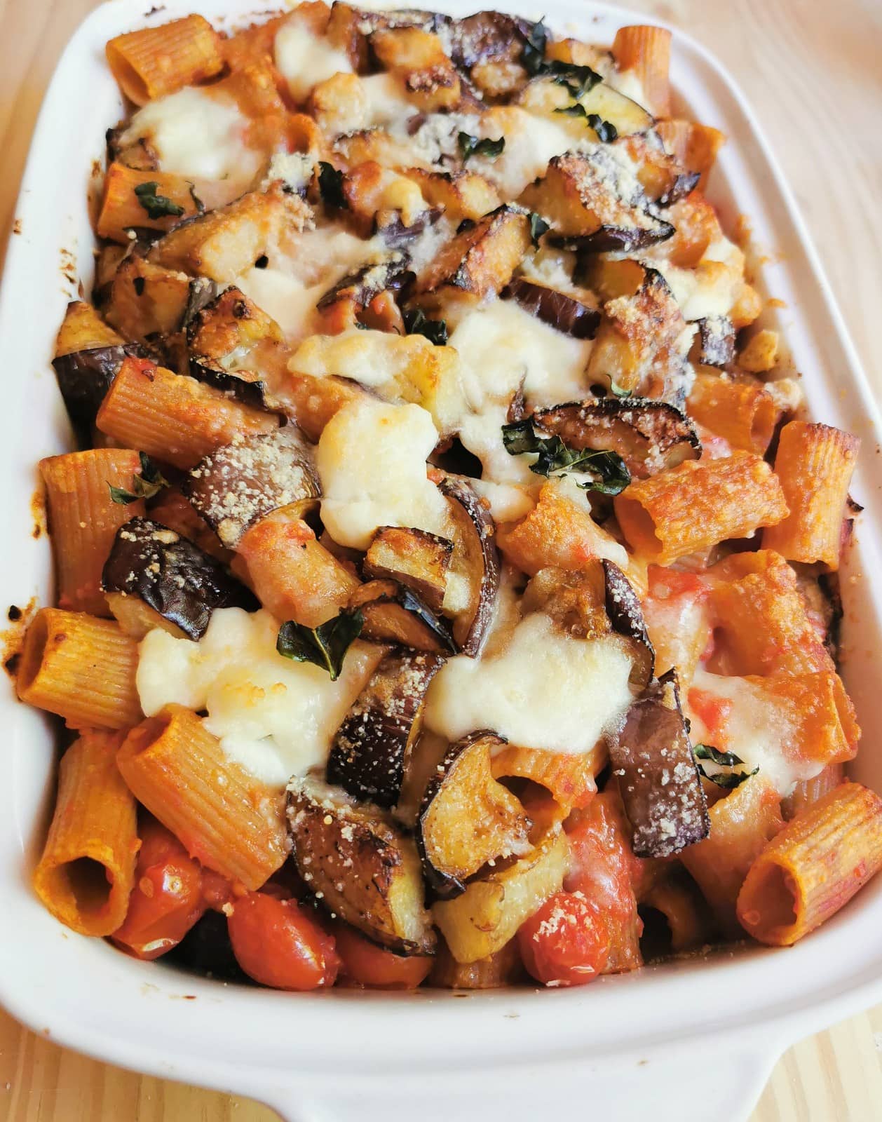 Whole wheat pasta bake with eggplant alla Siciliana.