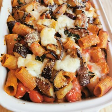 Baked whole wheat pasta with eggplant alla Siciliana.