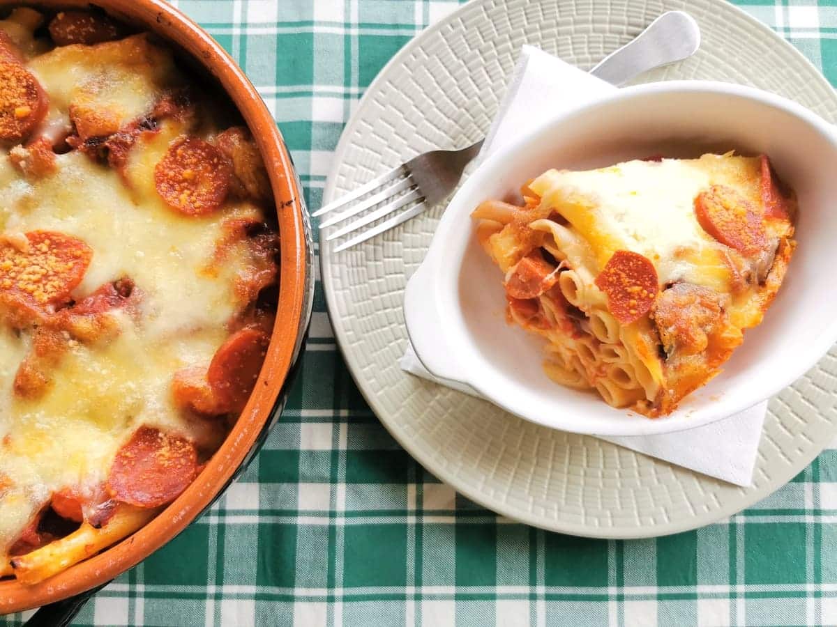 baked ziti pasta al forno with spicy sausage