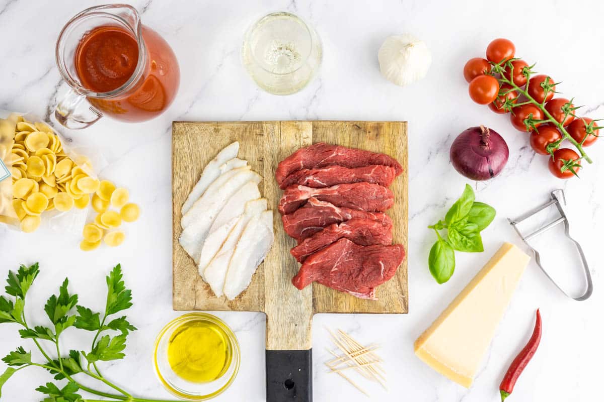 All the ingredients for the Italian braciole with orecchiette