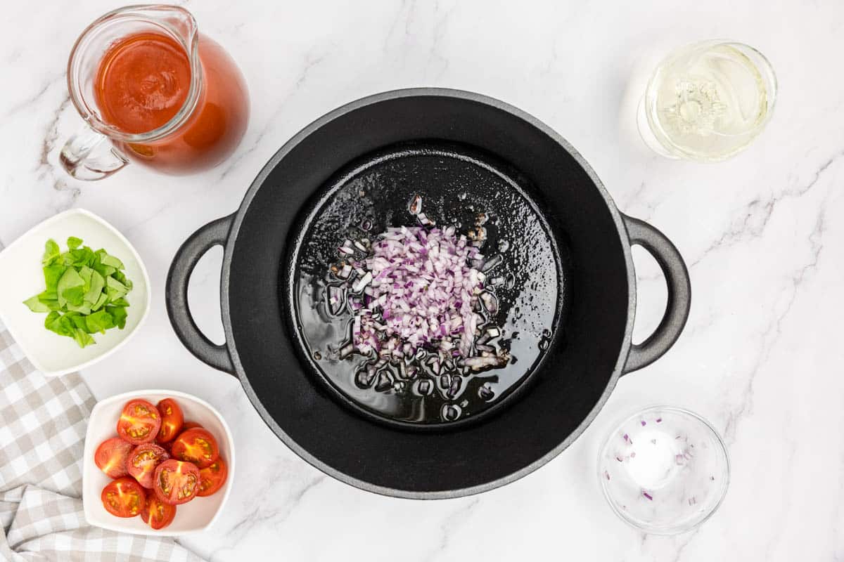 Sauteing diced red onion in the dutch oven