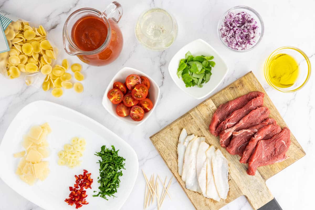 All the ingredients for the Italian braciole with orecchiette prepped and portioned