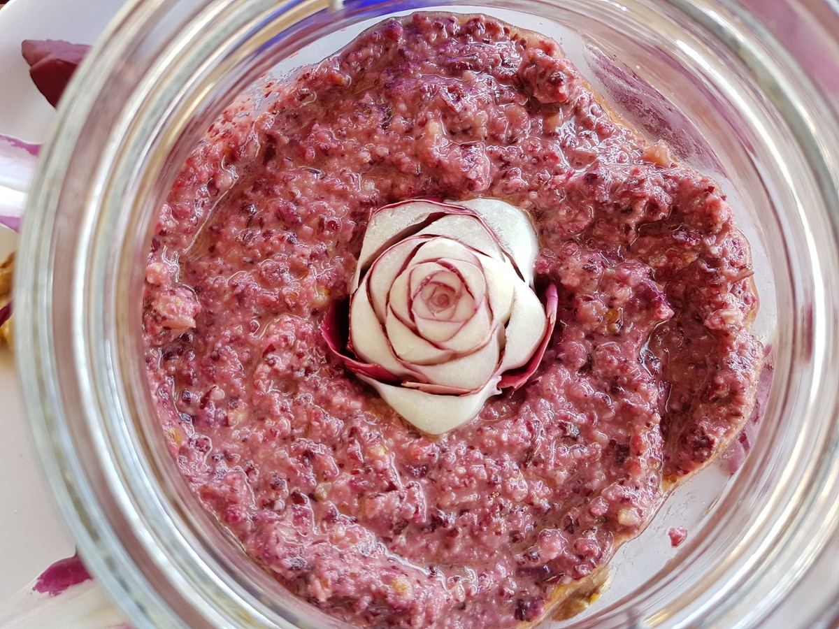 Beetroot and radicchio pesto in a jar.