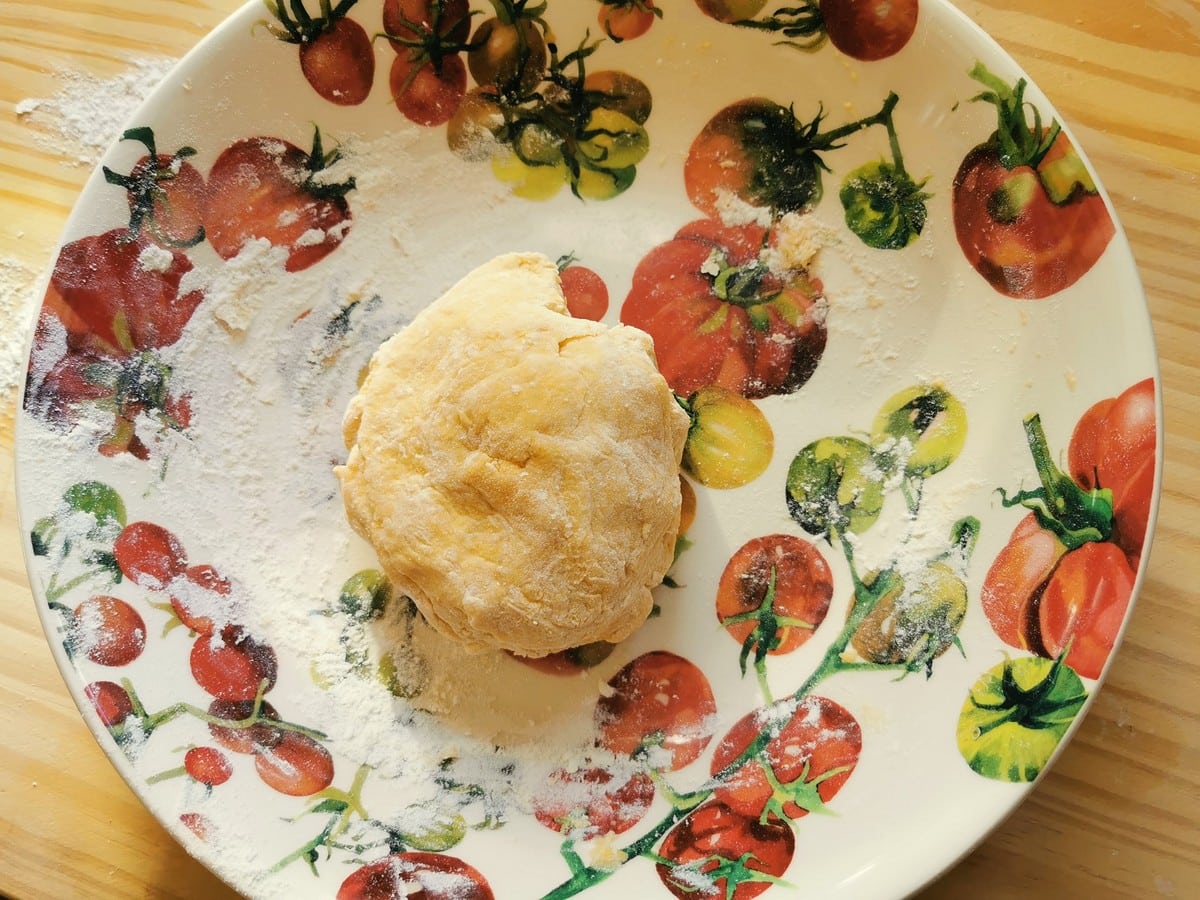 Rough ball of dough in bowl.