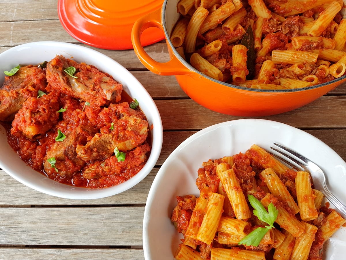 Italian braised pork ribs with pasta