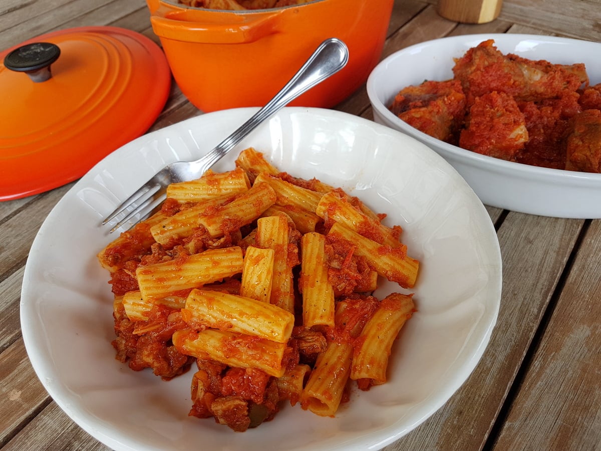 Italian short rib pasta in white bowl