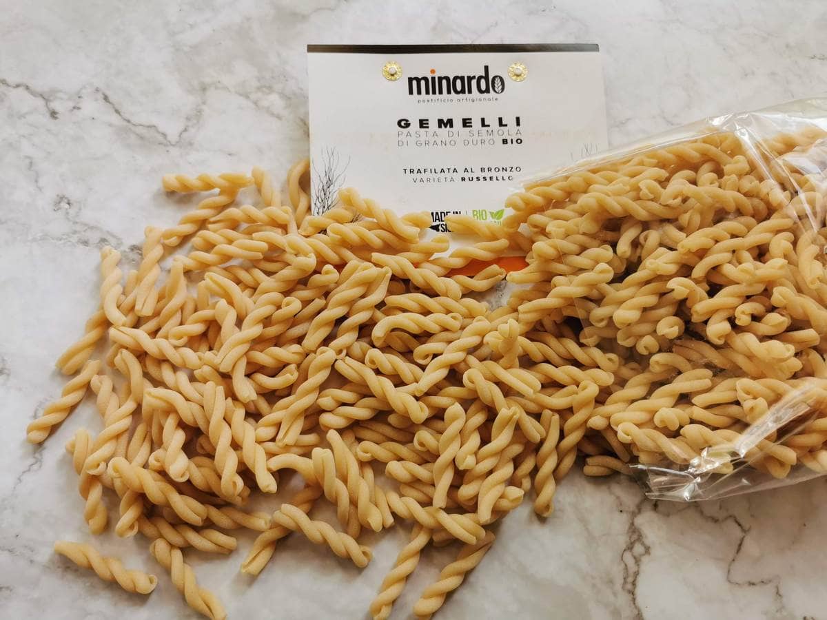 gemelli pasta from Pasta Minardo on marble worktop.