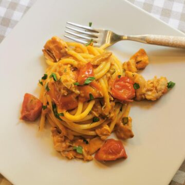 Bucatini pasta with braised rabbit ragu.