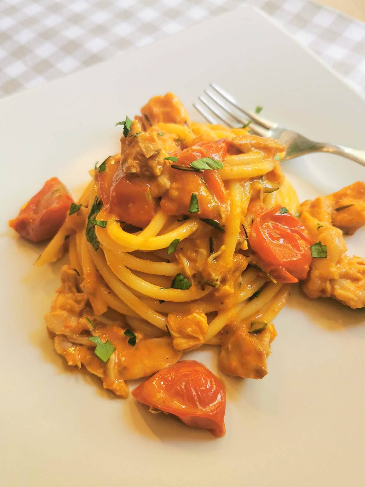 Bucatini pasta with braised rabbit ragu.
